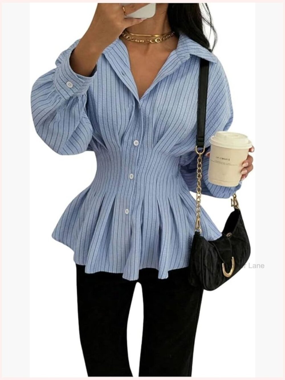 Long Sleeve Cinched Waist Peplum Blouse Striped Button Down Shirt